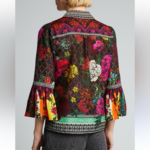 Alice+Olivia Silk Cotton Ruffle Sleeve Floral Collared Colourful Button Down Top - Picture 4 of 14